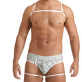 White lace-trimmed briefs with matching white harness strap and light gray elastic waistband with nico branding