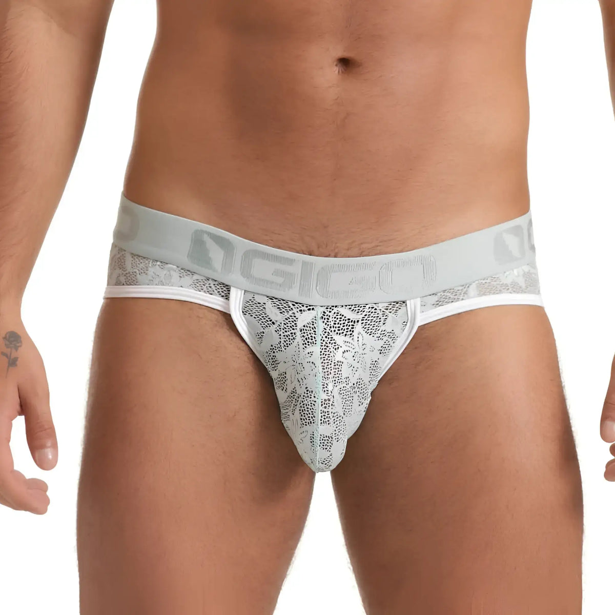 Light gray lace thong with white elastic ogio waistband shown with gigo vibrant blue brief branding
