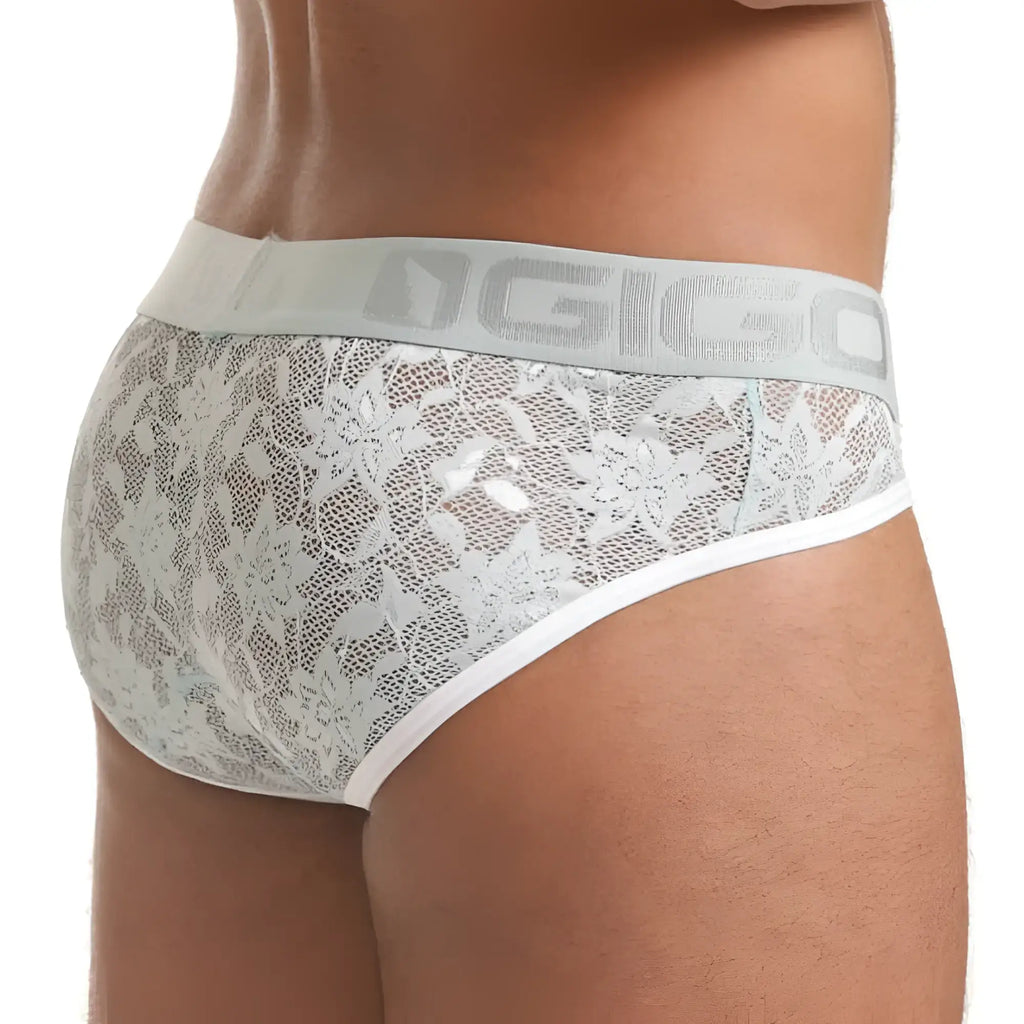 White lace briefs with a silver ogio logo band featured in gigo vibrant blue brief product line