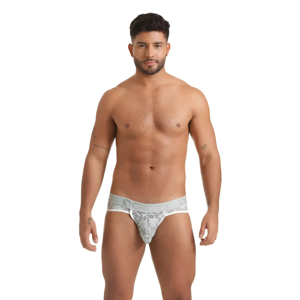 Gray lace-trimmed briefs with subtle pattern and branded waistband by gigo vibrant blue brief collection