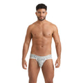 Gray lace-trimmed briefs with subtle pattern and branded waistband by gigo vibrant blue brief collection