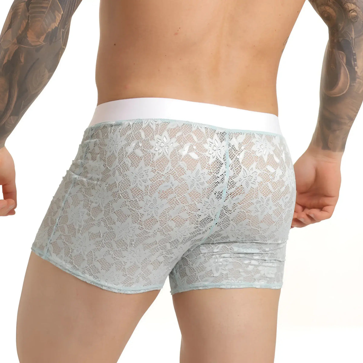 Light blue lace boxer briefs with white elastic waistband from gigo vibrant blue hotshort collection