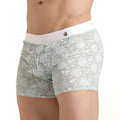 Gigo vibrant blue hotshort light blue lace boxer briefs with white elastic waistband and small metallic front button