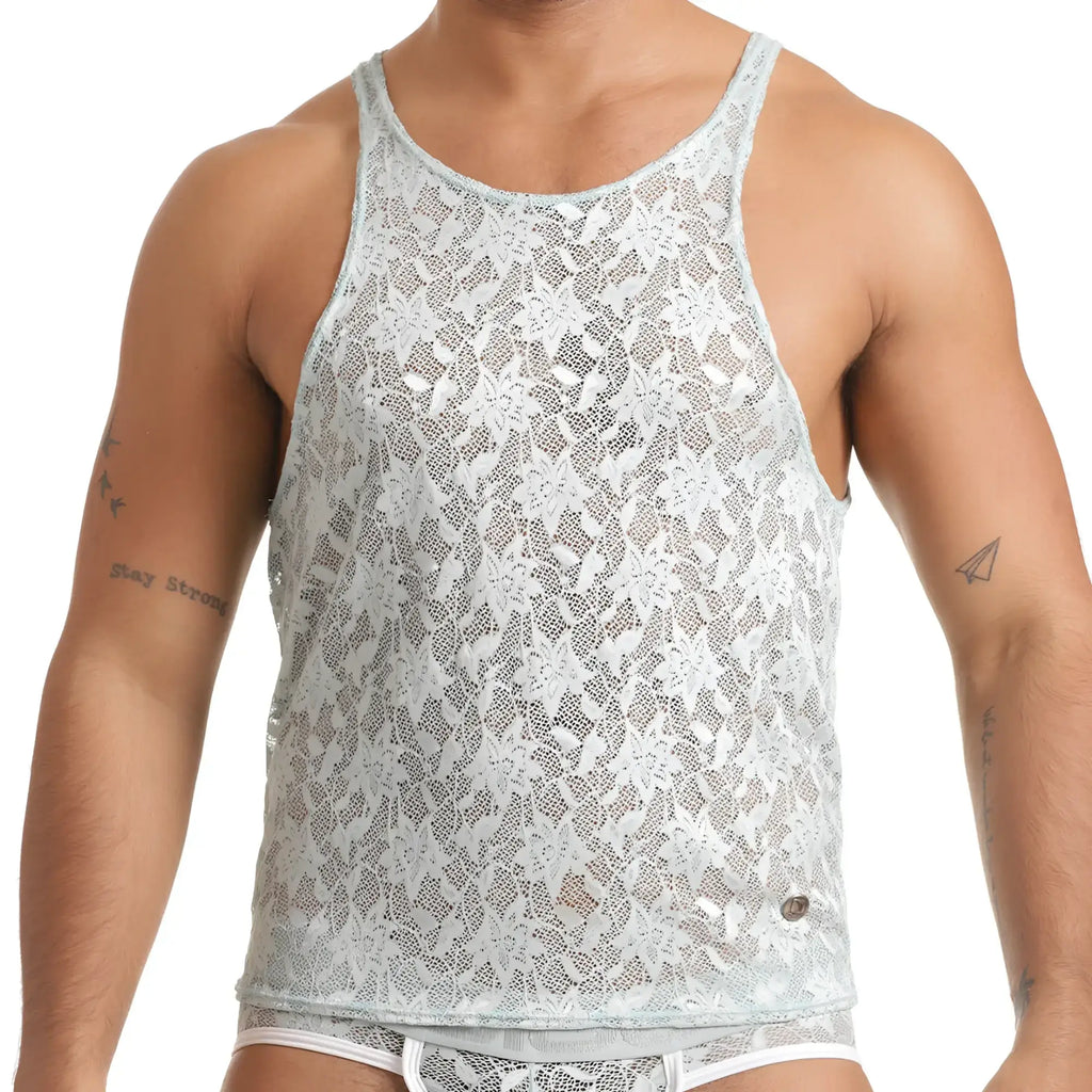 Light gray lace tank top with intricate floral patterns for gigo vibrant blue tank collection