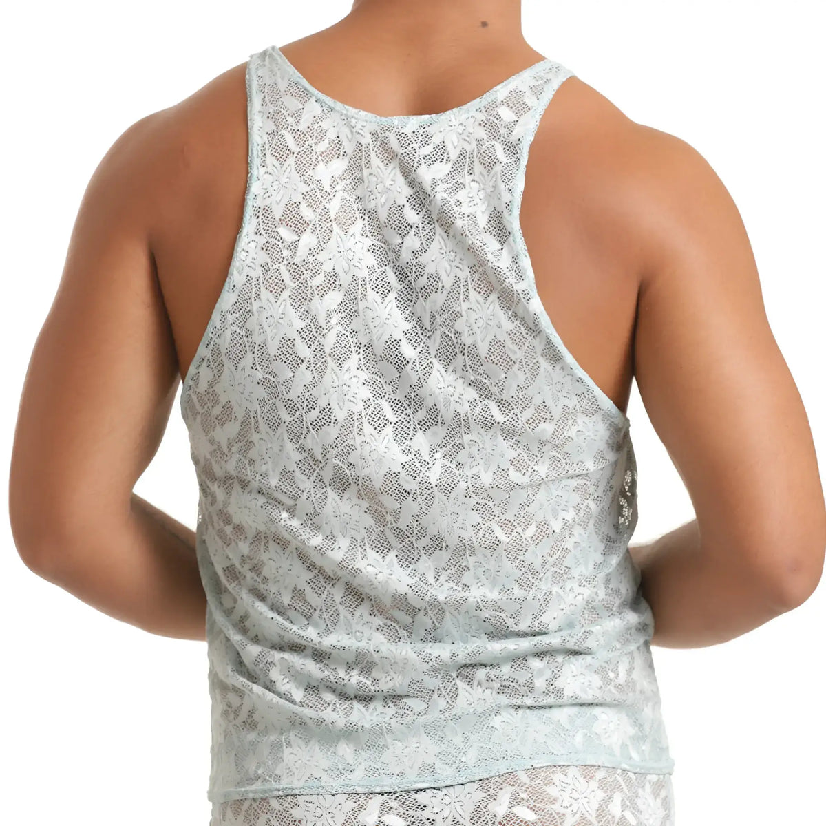 Light blue lace tank top with delicate floral pattern from Gigo vibrant blue tank collection