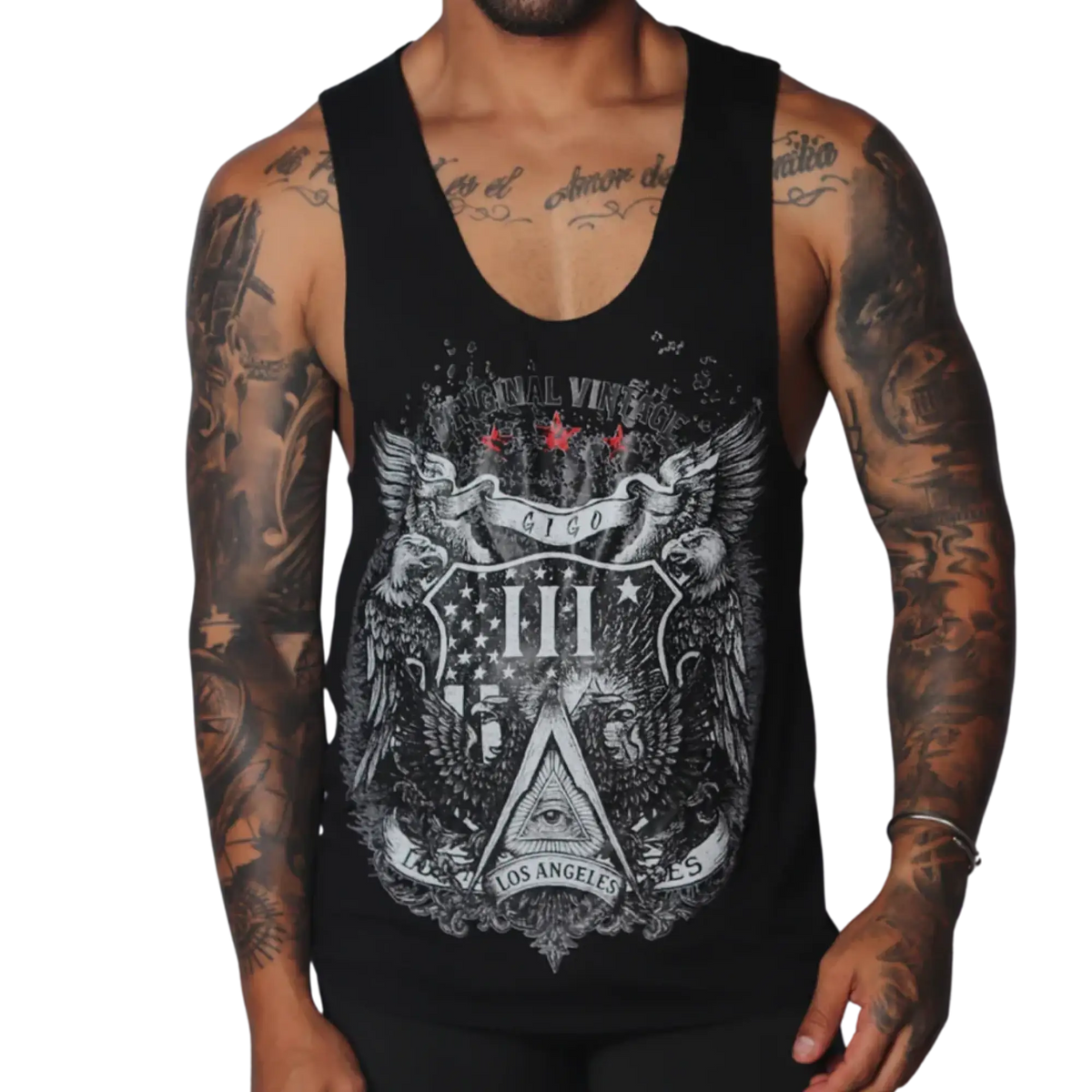 Black tank top with a vintage-style graphic featuring eagles, a pyramid with an eye, and "Gigo Los Angeles" text.