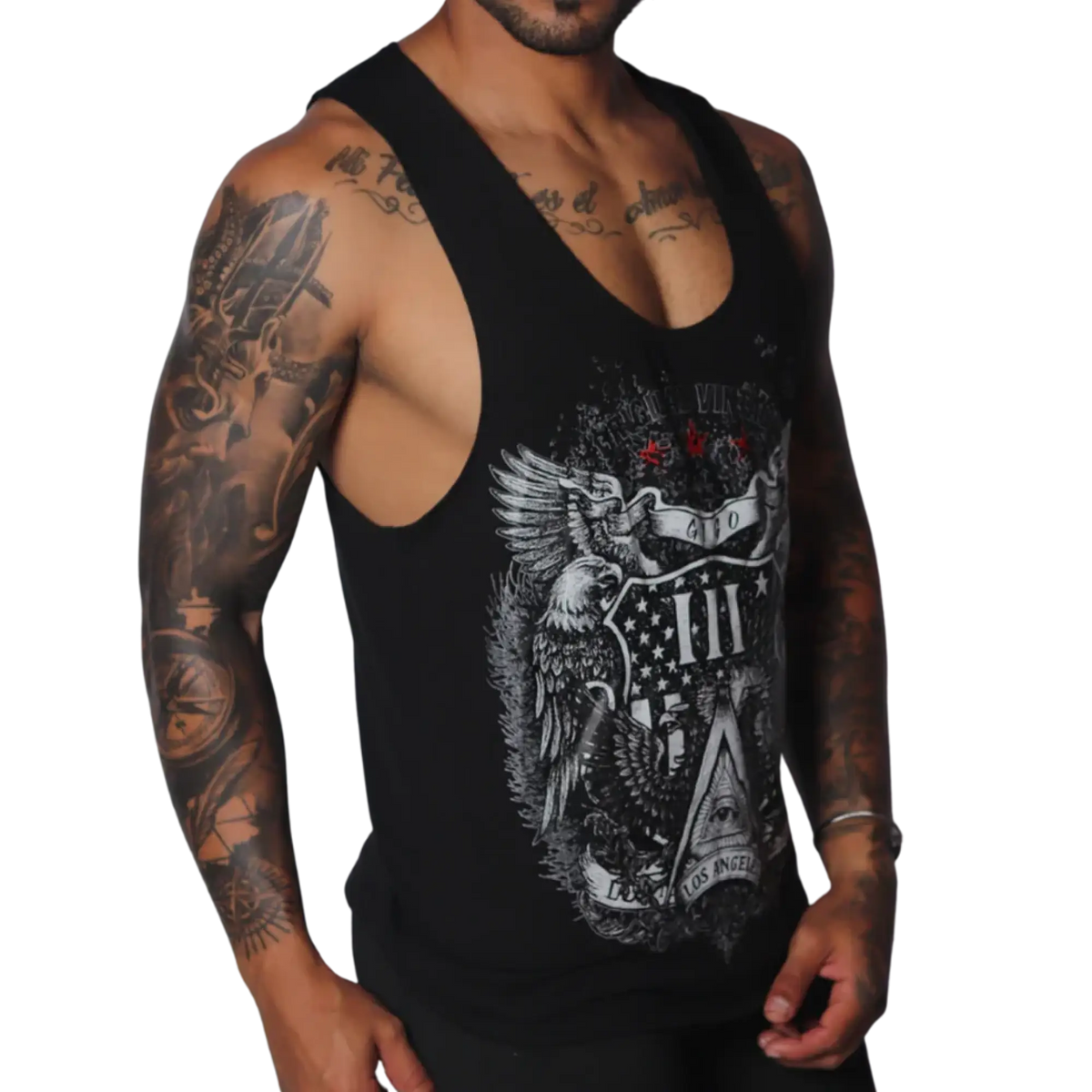 Black muscle tank top with a vintage-style white eagle, shield, and Los Angeles graphic print on the front.