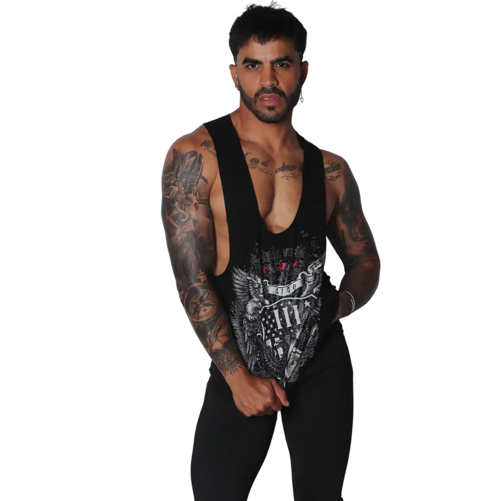 Black deep-scoop muscle tank with vintage-style eagle and flag graphic print on the chest.