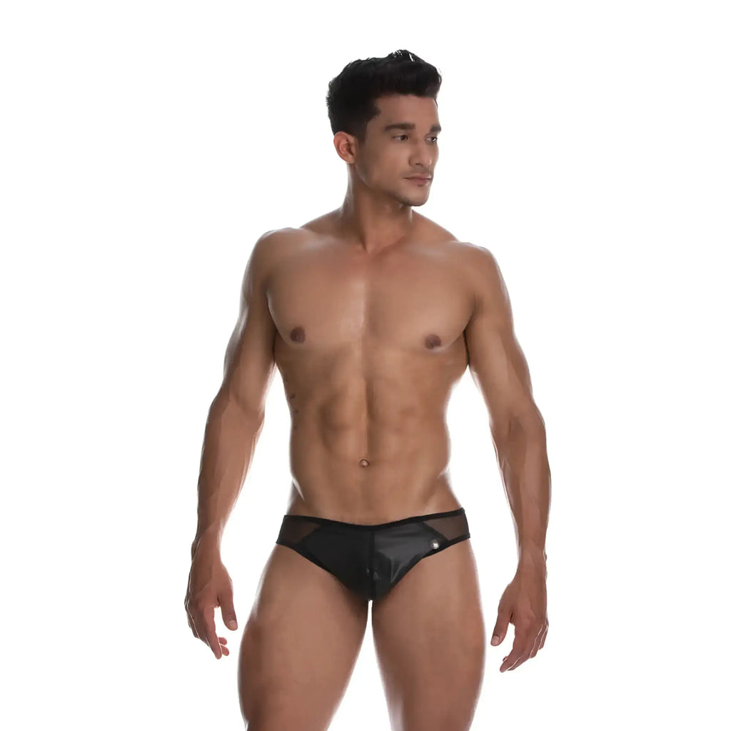 Black patent leather briefs with mesh side panels from gigo wild brief for stylish edgy wear