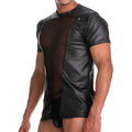 Black faux leather short-sleeved gigo wild tshirt with a mesh panel across the chest for edgy style