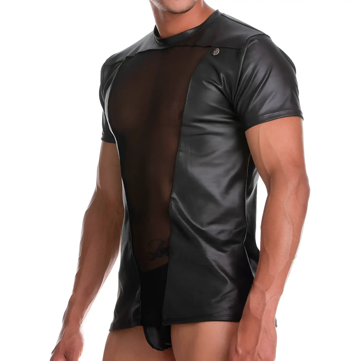 Black faux leather short-sleeved gigo wild tshirt with a mesh panel across the chest for edgy style