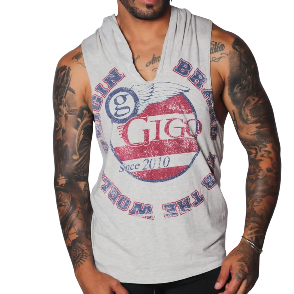 Light gray heathered sleeveless hoodie with a vintage-style red, white, and blue Gigo Wings circular graphic print.