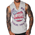 Light gray heathered sleeveless hoodie with a vintage-style red, white, and blue Gigo Wings circular graphic print.