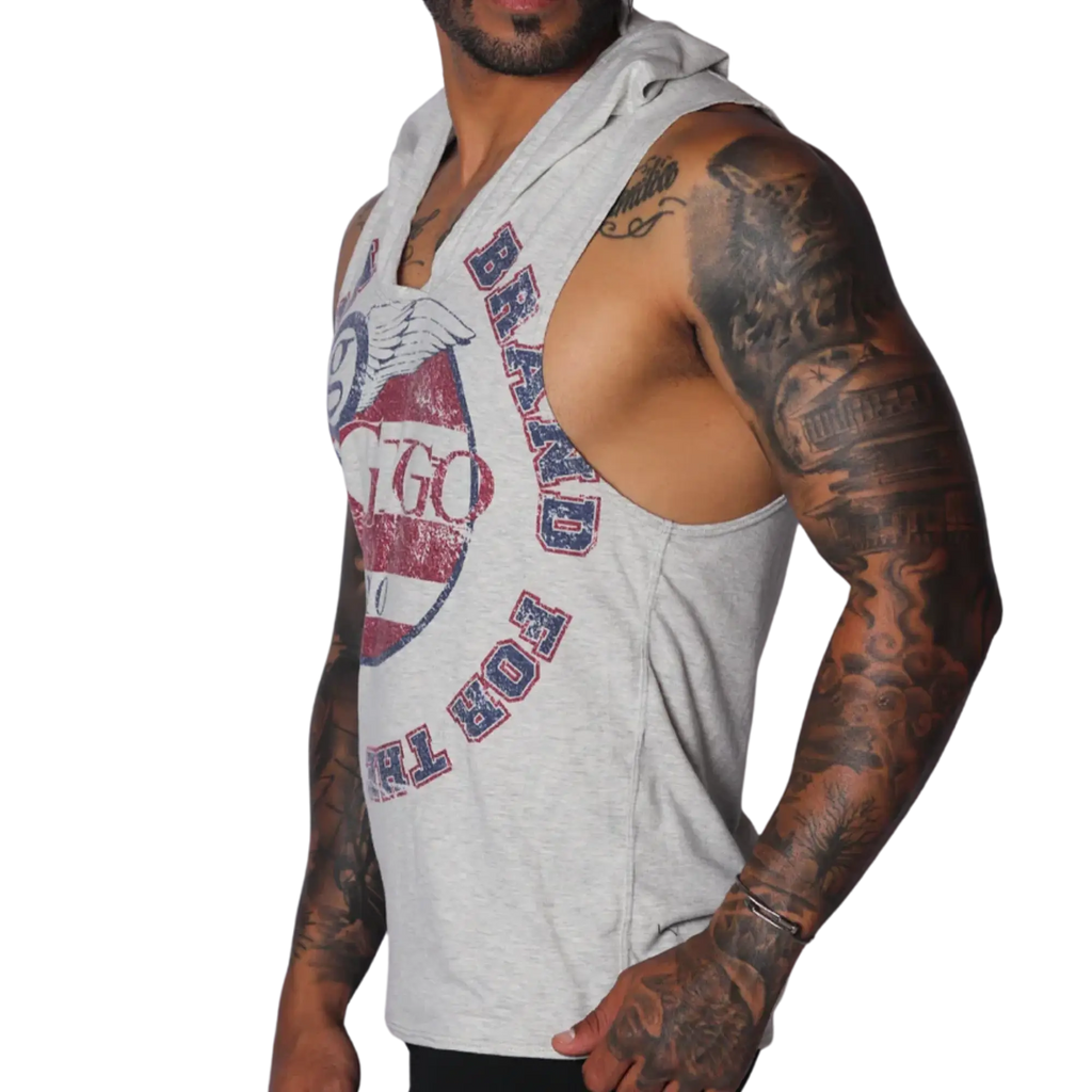 Light gray sleeveless hoodie t-shirt with a vintage-style red and blue "Gigo" wing graphic on the chest.