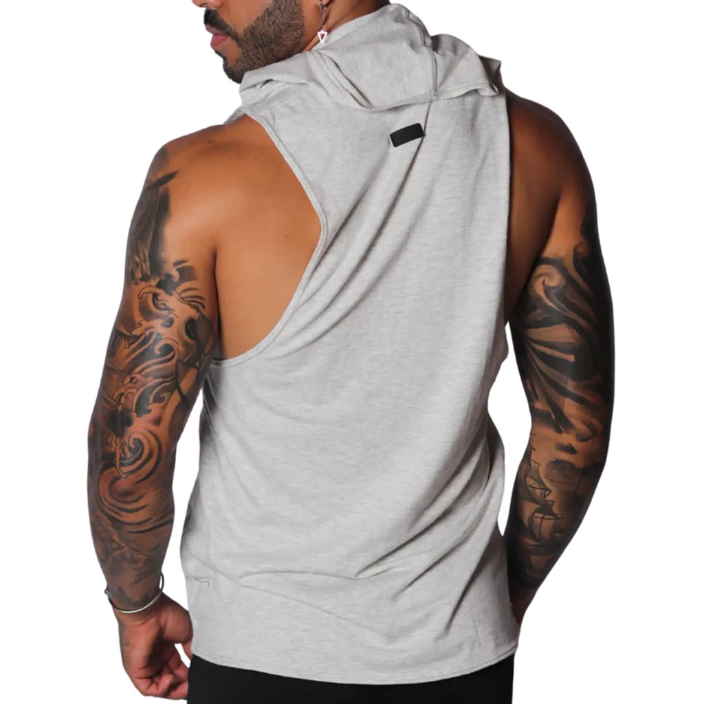 Light gray marl sleeveless hooded tank top with raw-cut wide armholes and a small black logo tab on the back neck.