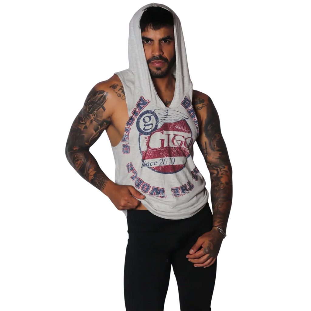 Light gray sleeveless hoodie with a distressed red and blue "Gigo" winged logo graphic on the chest.