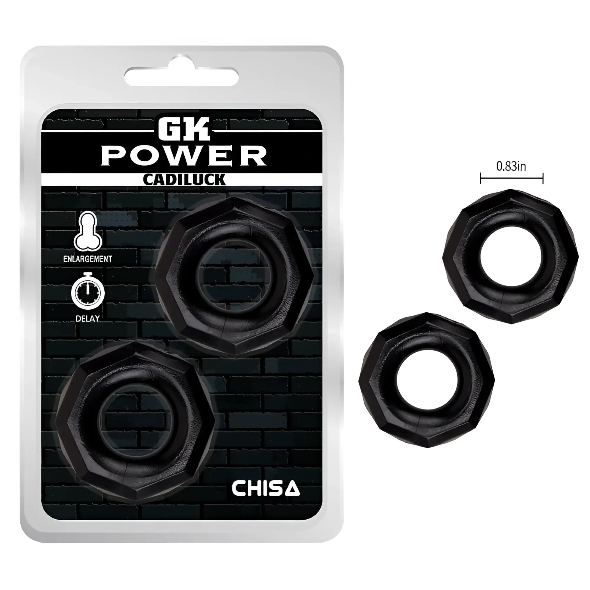 Black octagonal silicone rings in gk power cadiluck 2 pc nut ring set by chisa in original packaging