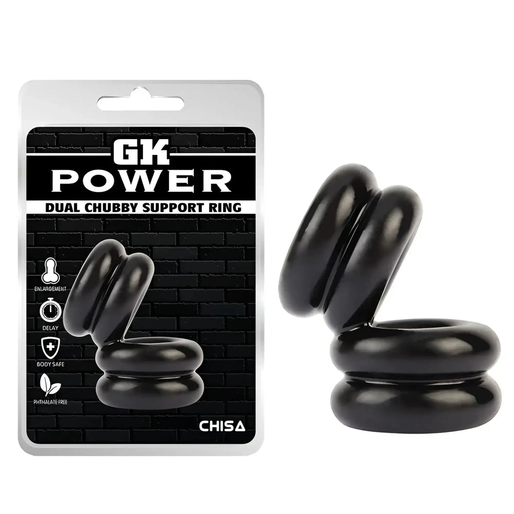 Black gk power double stacked dual pleasure ring by chisa featuring glossy finish and dual chubby support design