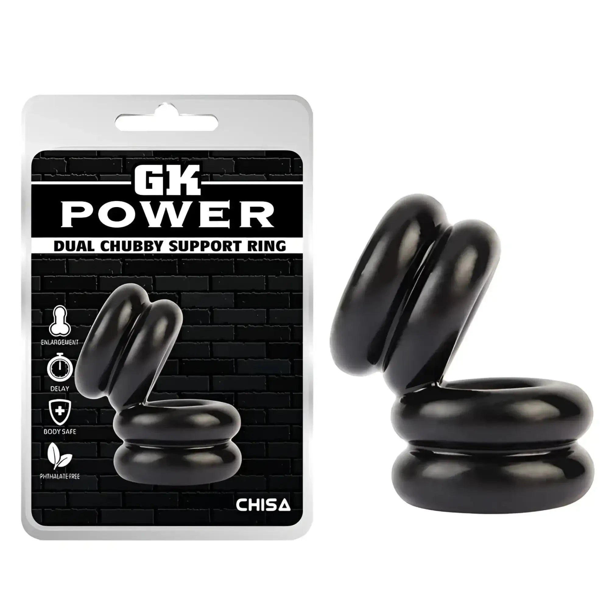 Black gk power double stacked dual pleasure ring by chisa featuring glossy finish and dual chubby support design