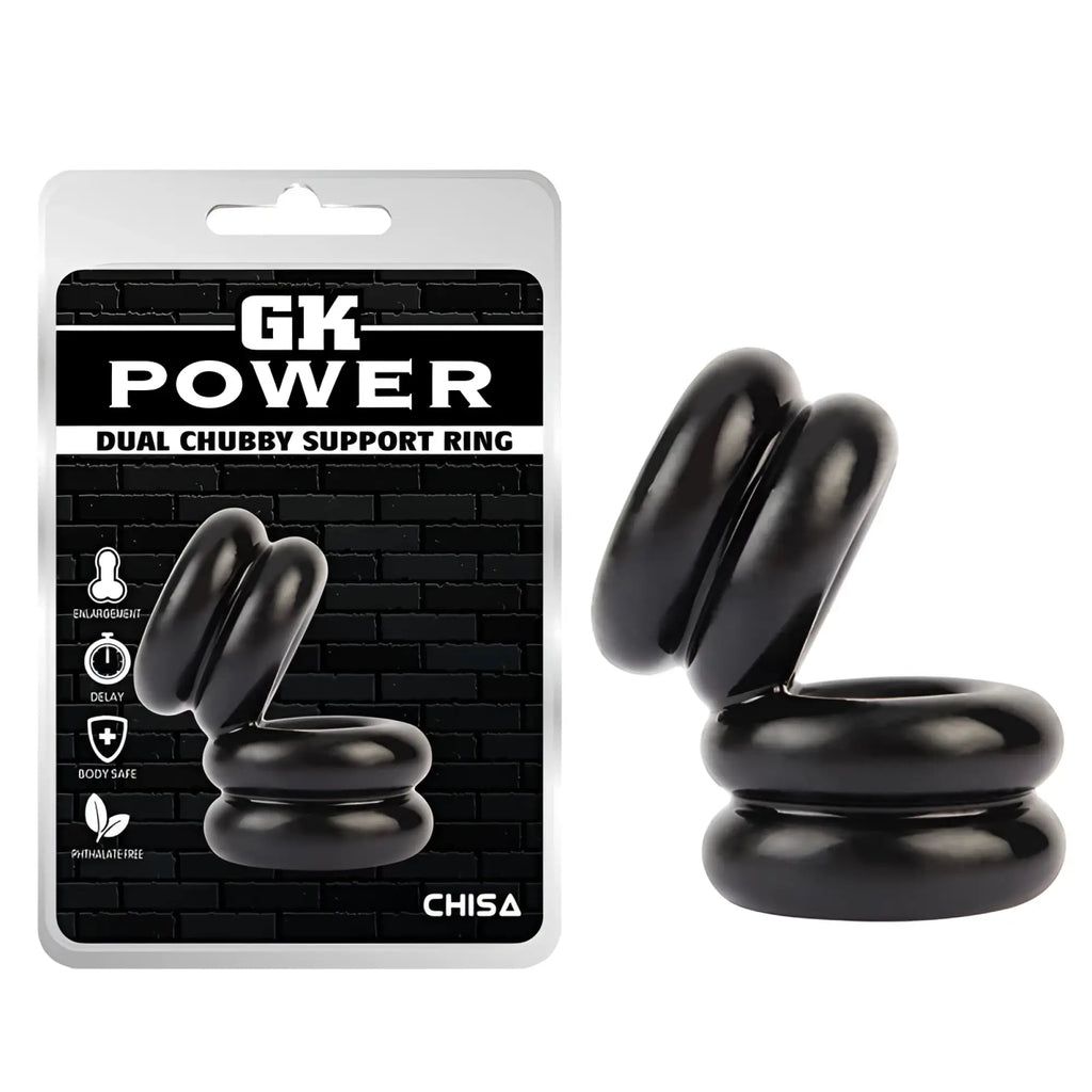 Black gk power double stacked dual pleasure ring by chisa featuring glossy finish and dual chubby support design