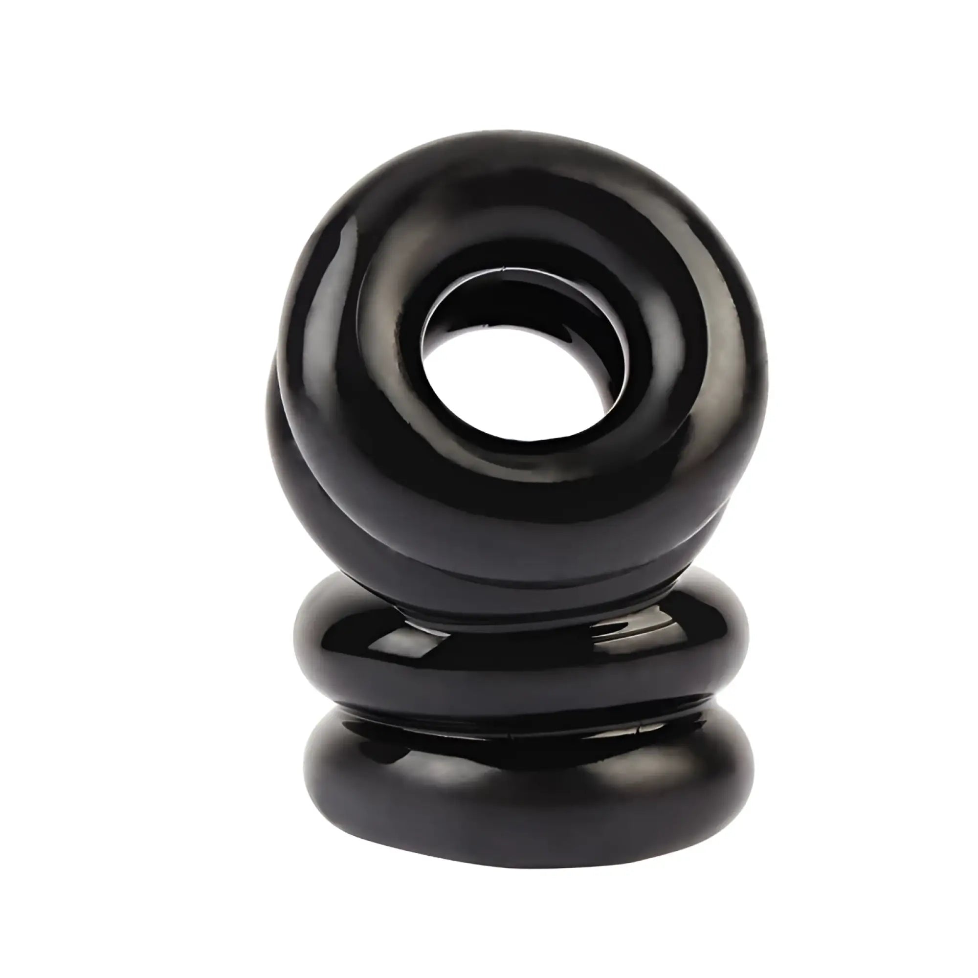 Black glossy silicone anal plug with smooth rounded design and concentric ridges by gk power double stacked ring