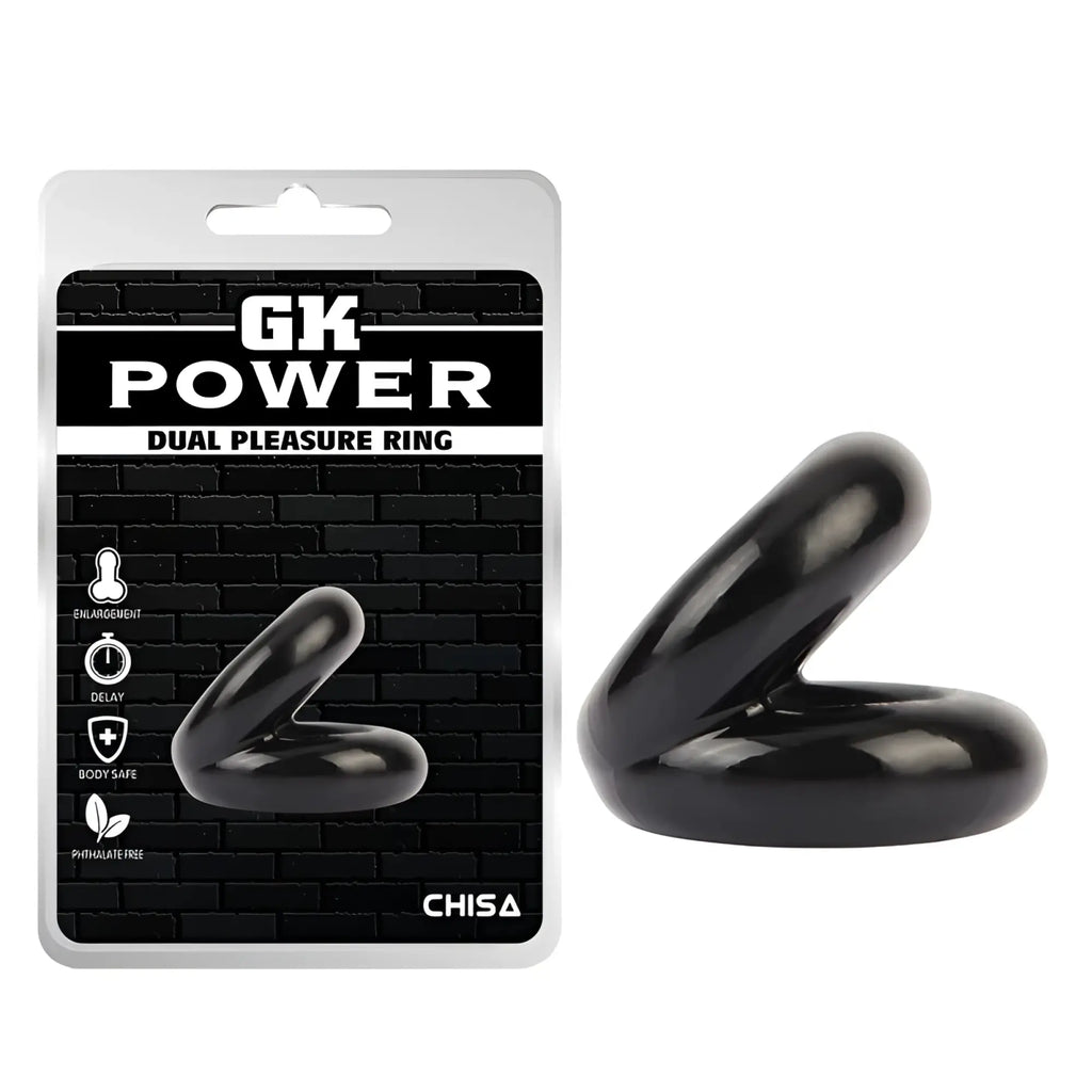 Black glossy dual pleasure ring gk power with sleek curved design and smooth surface in one size