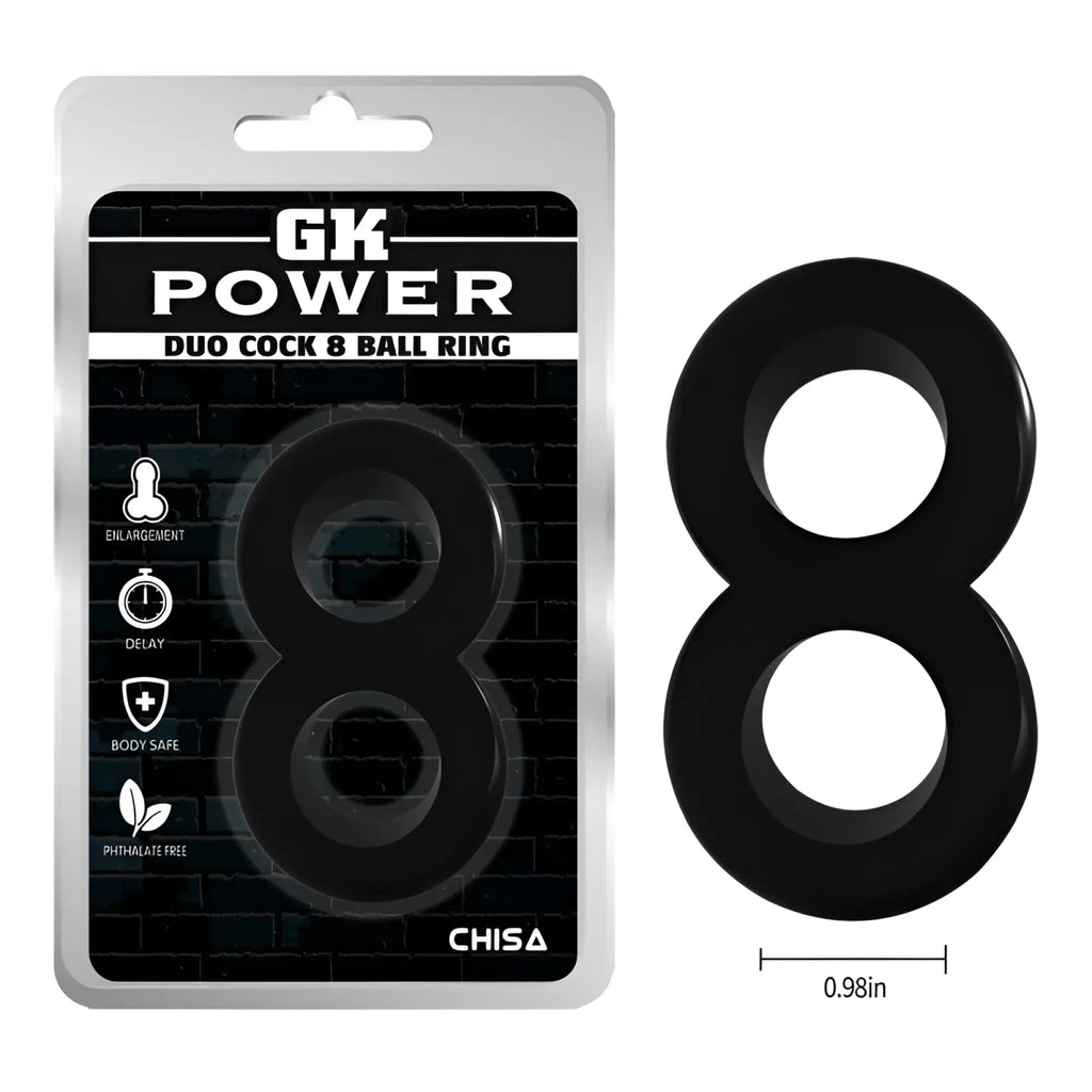 Black gk power duo cock 8 ball ring made of smooth glossy silicone with dual-ring design one size fits all