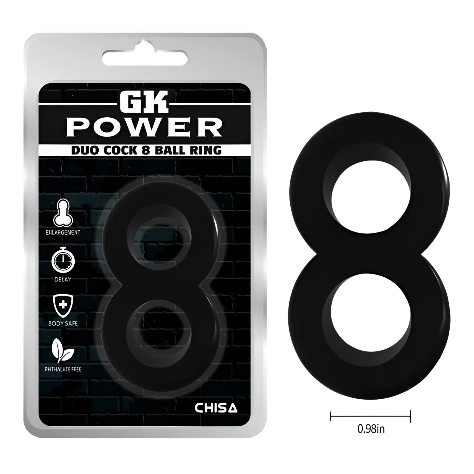 Black gk power duo cock 8 ball ring made of smooth glossy silicone with dual-ring design one size fits all