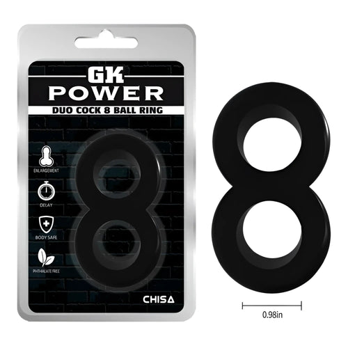 Black gk power duo cock 8 ball ring made of smooth glossy silicone with dual-ring design one size fits all