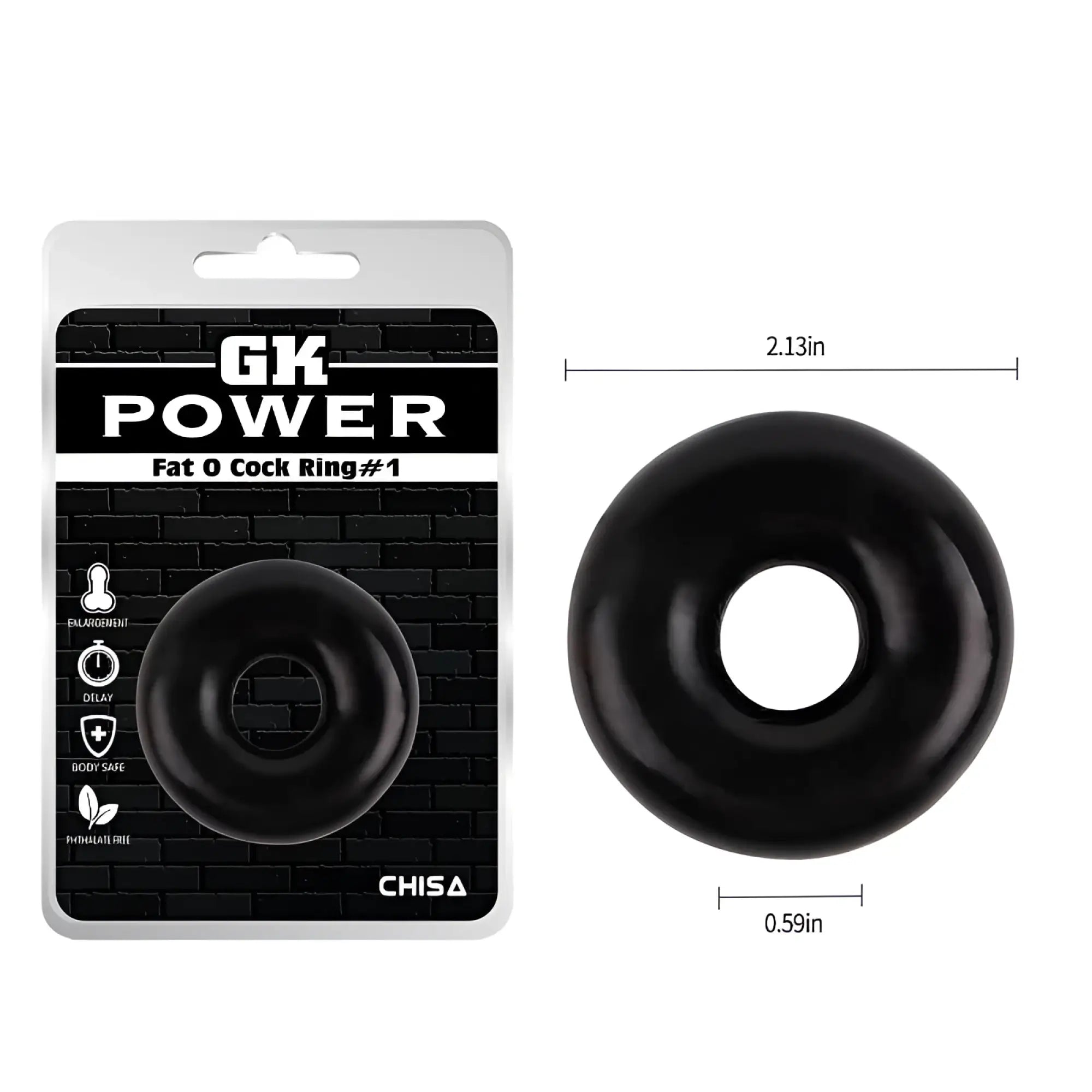 Black GK power fat o cock ring one size made of smooth silicone with a glossy finish and rounded ring design