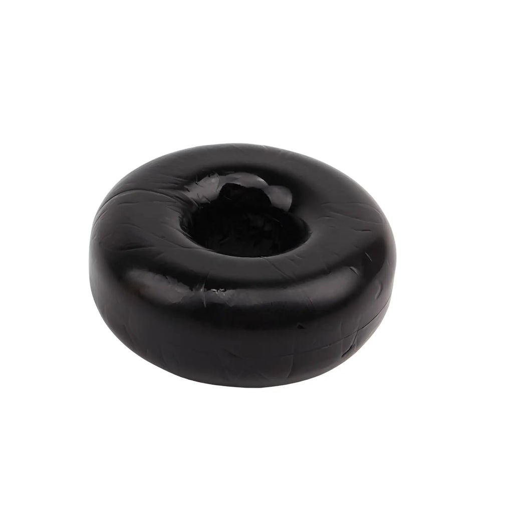 Black glossy rubber donut shaped cock ring with central hole gk power fat o one size