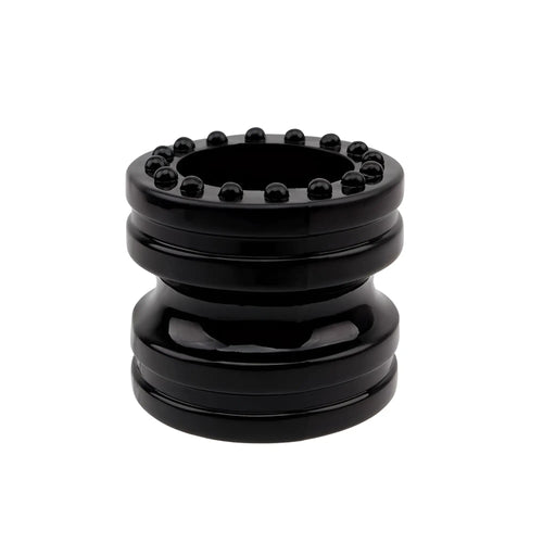 Black glossy plastic ashtray with a circular rim adorned by small black spherical beads from GK Power ring set