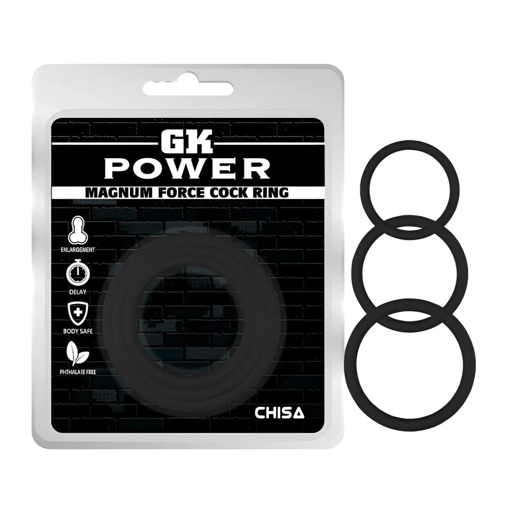 Black silicone cock ring set by chisa with three rings in gk power magnum force packaging one size fit