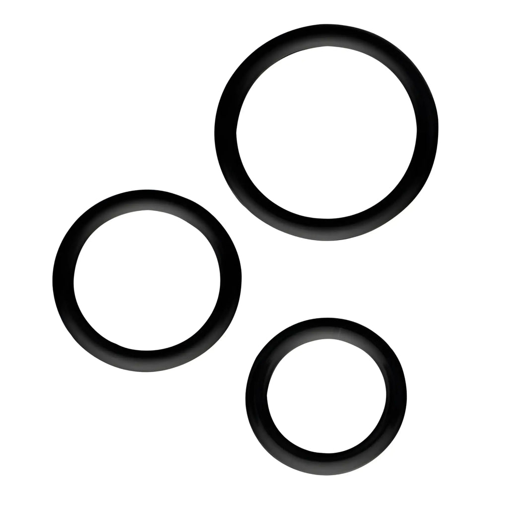 Three black rubber o-rings of varying sizes in the gk power magnum force cock ring set one size