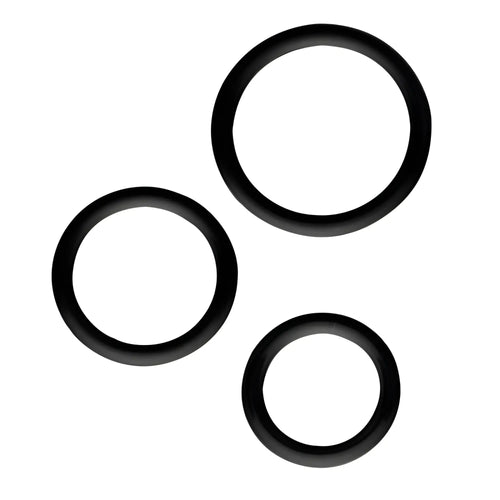 Three black rubber o-rings of varying sizes in the gk power magnum force cock ring set one size