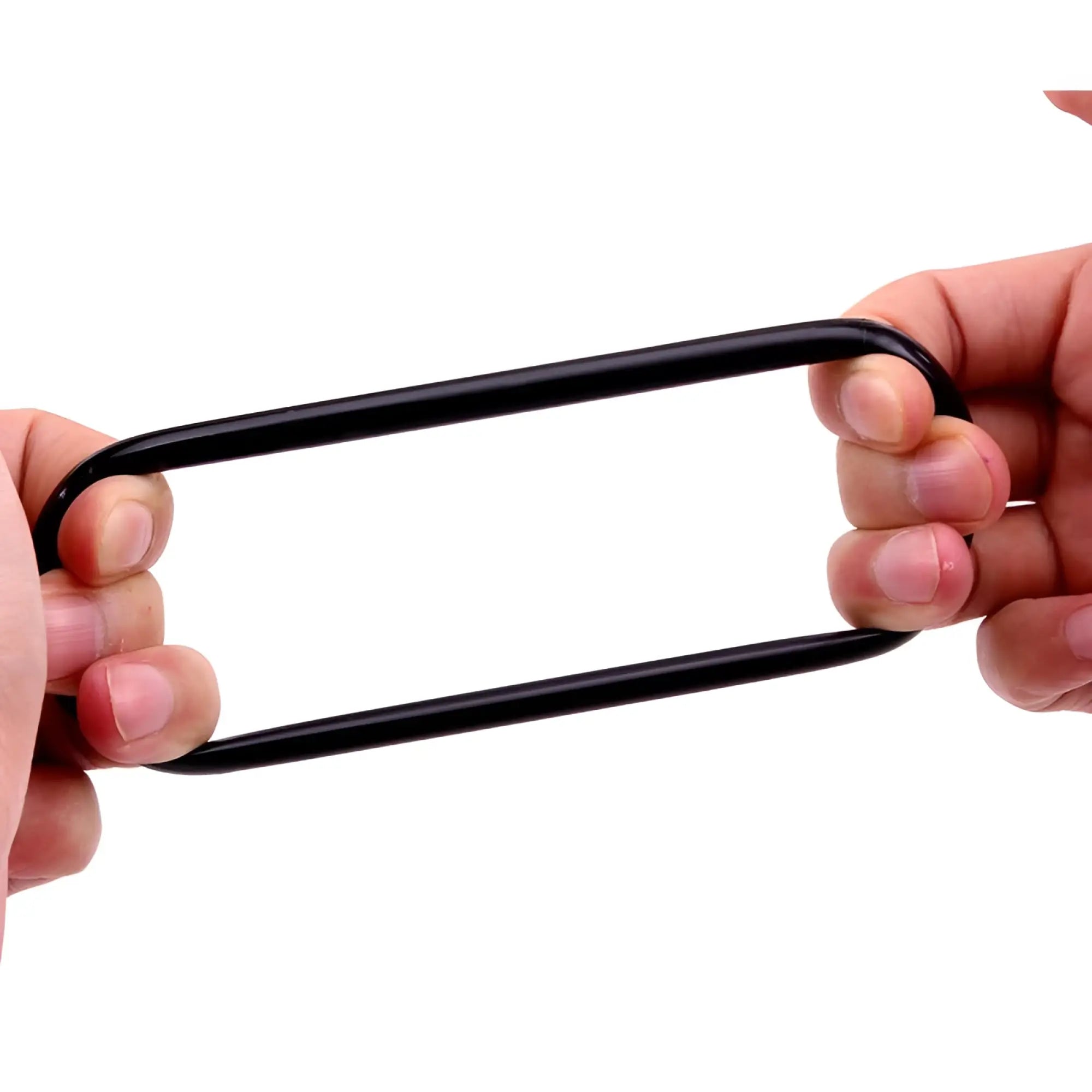 Black elastic band held taut by two hands from gk power mega donut rings twin pack one size