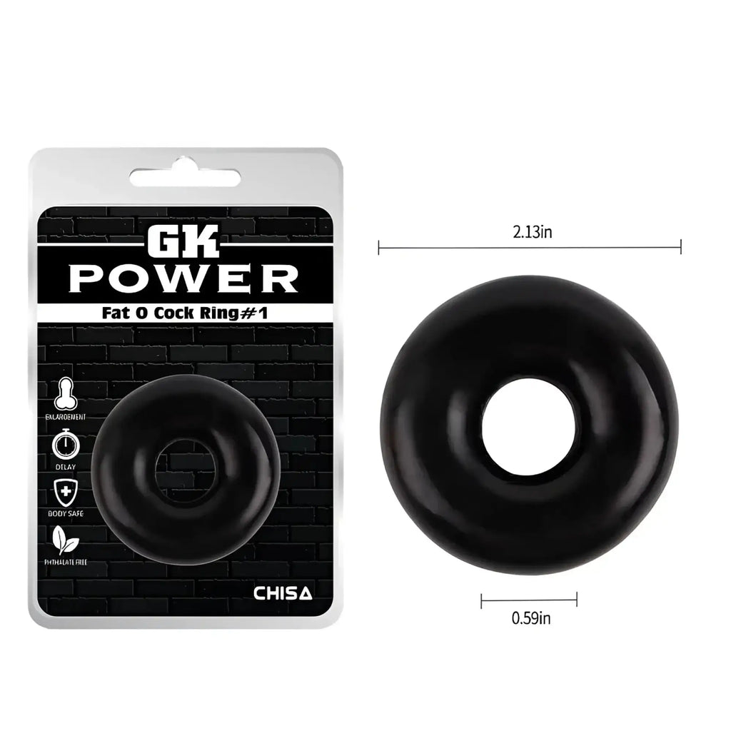 Black gk power mega fat o cock ring made of smooth silicone with a glossy finish and rounded ring design