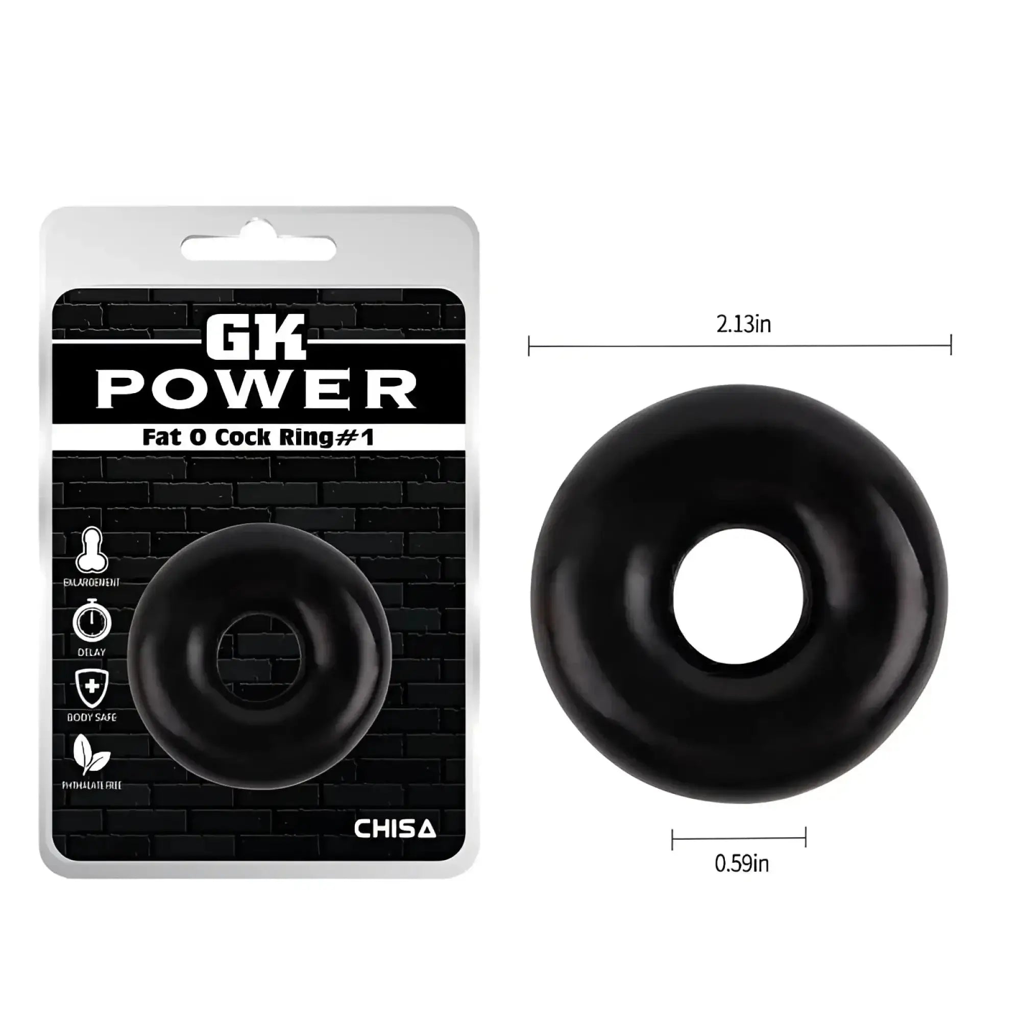 Black gk power mega fat o cock ring made of smooth silicone with a glossy finish and rounded ring design