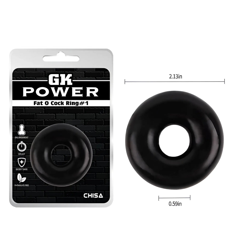 Black gk power mega fat o cock ring made of smooth silicone with a glossy finish and rounded ring design