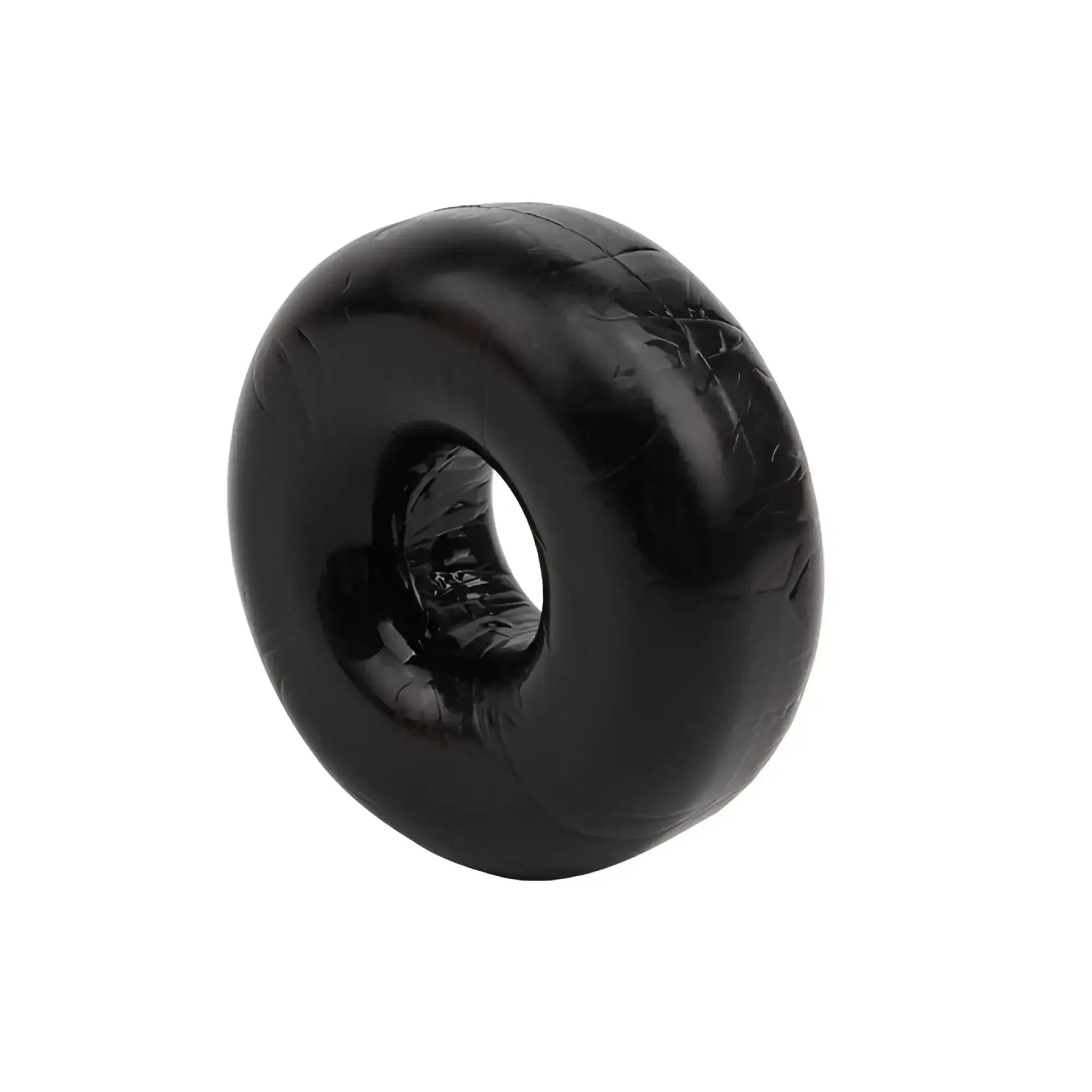Black rubber donut-shaped cock ring with glossy textured finish from gk power mega fat o one size