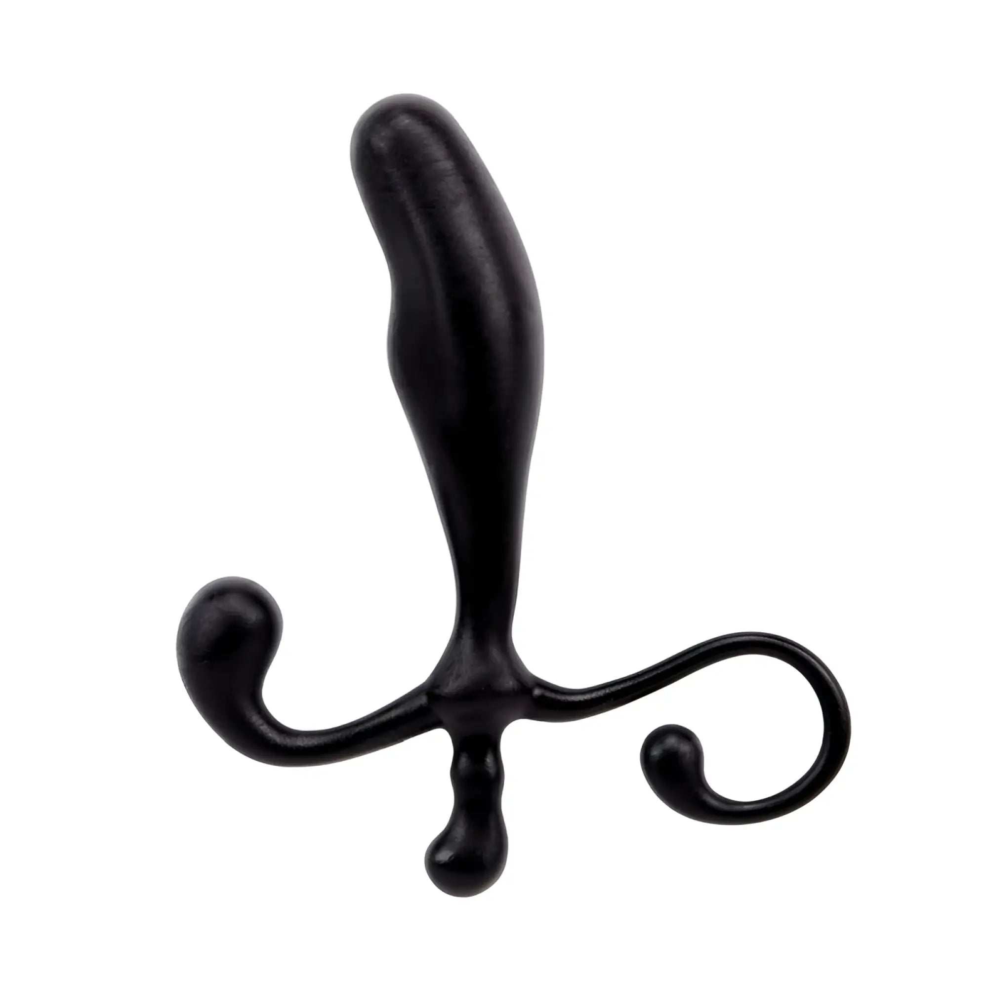 Black silicone gk power prostate pleaser plug with ergonomic curved design and dual-ended handles one size