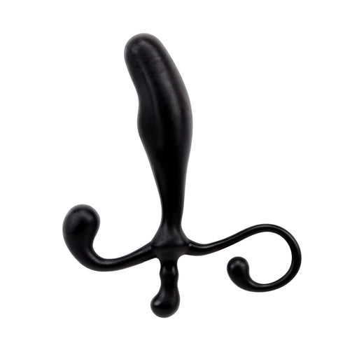 Black silicone gk power prostate pleaser plug with ergonomic curved design and dual-ended handles one size