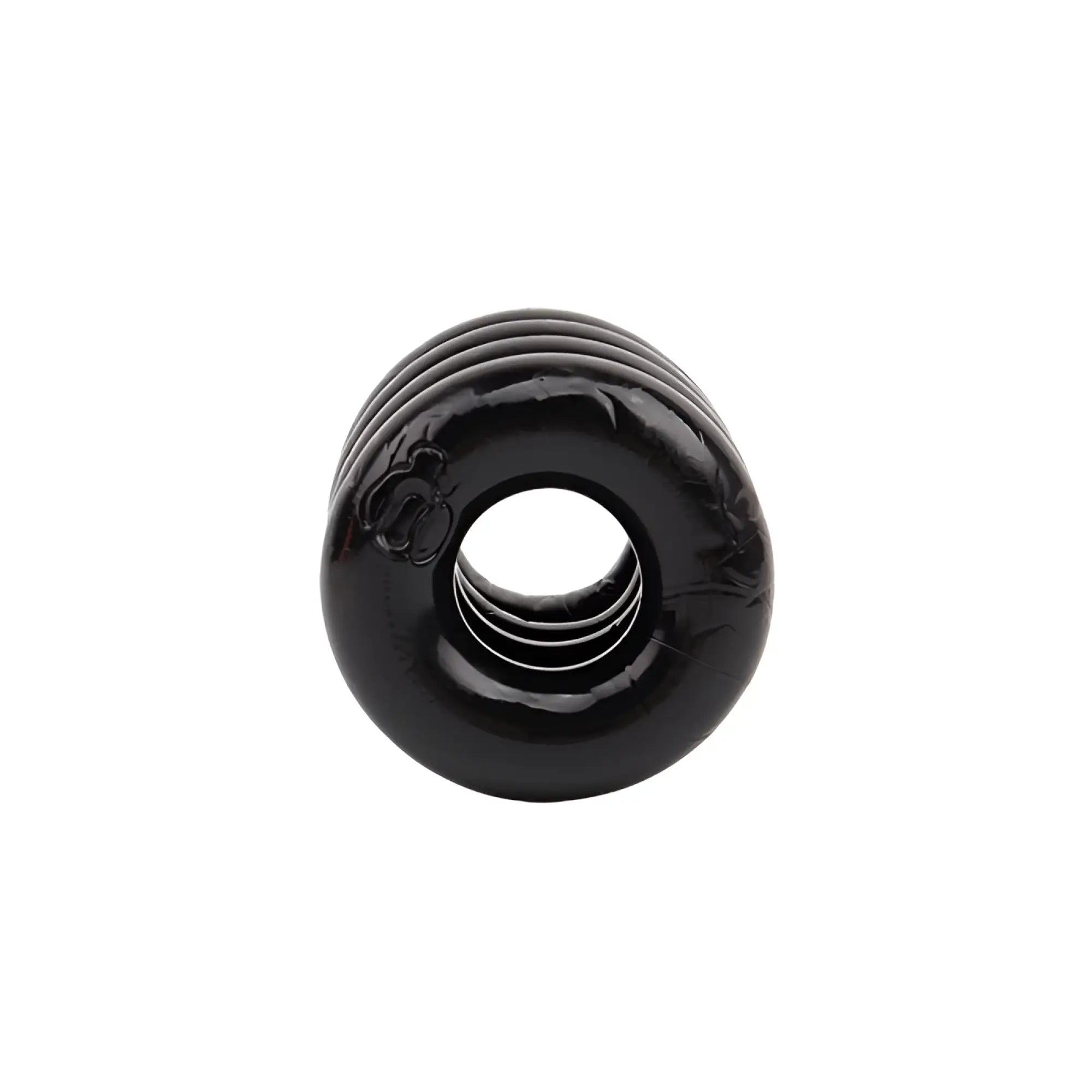 Black glossy silicone cock ring with concentric ridges and central hole for enhanced power and comfort by GK Power Quadplay