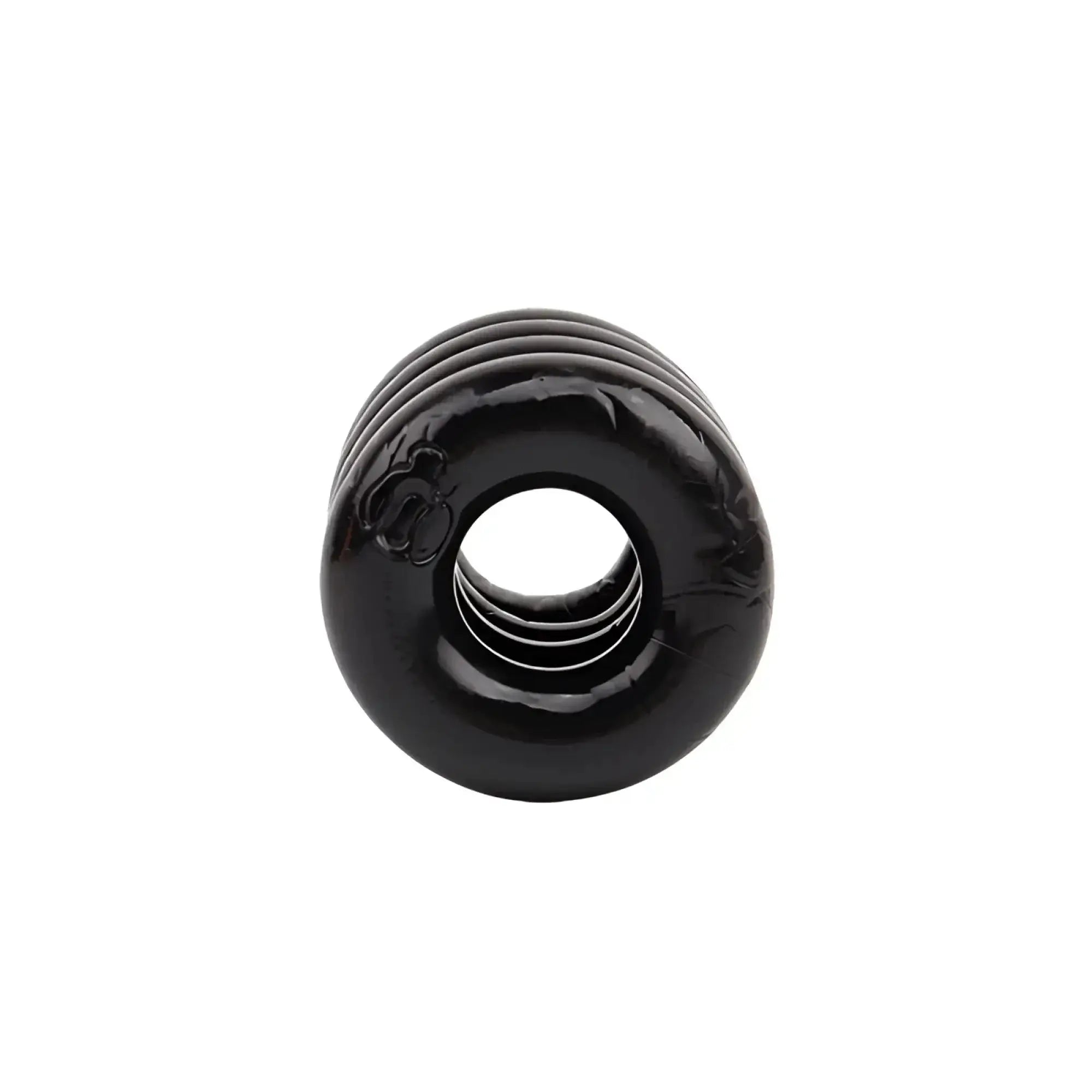 Black glossy silicone cock ring with concentric ridges and central hole for enhanced power and comfort by GK Power Quadplay