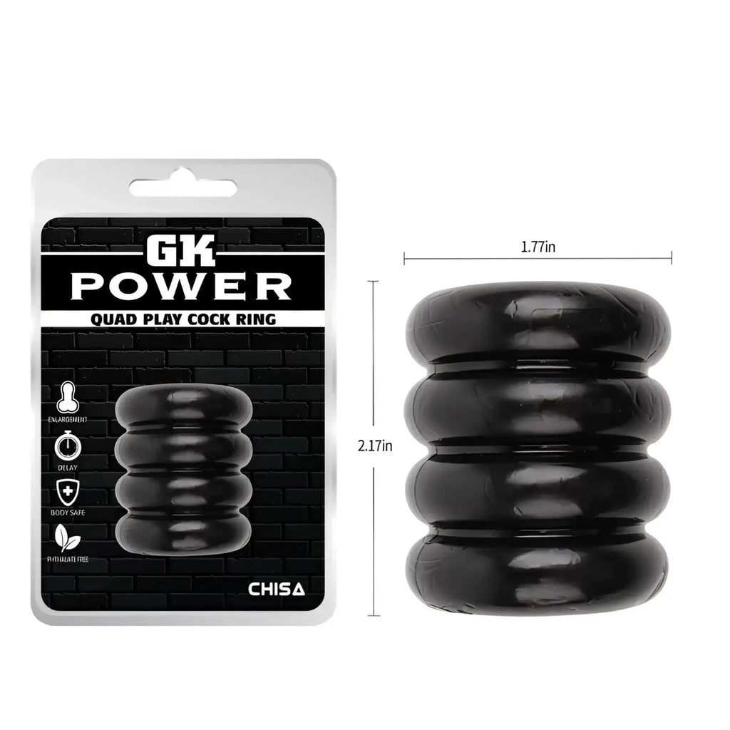 Black gk power quadplay cock ring by chisa with segmented cylindrical design in smooth glossy silicone material one size