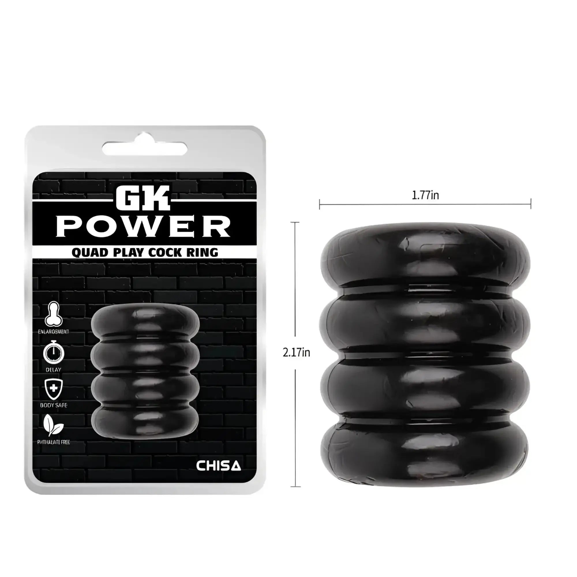 Black gk power quadplay cock ring by chisa with segmented cylindrical design in smooth glossy silicone material one size