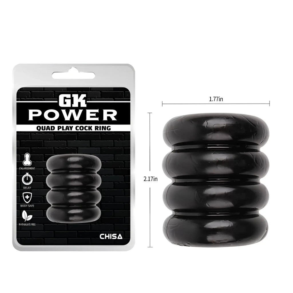 Black gk power quadplay cock ring by chisa with segmented cylindrical design in smooth glossy silicone material one size