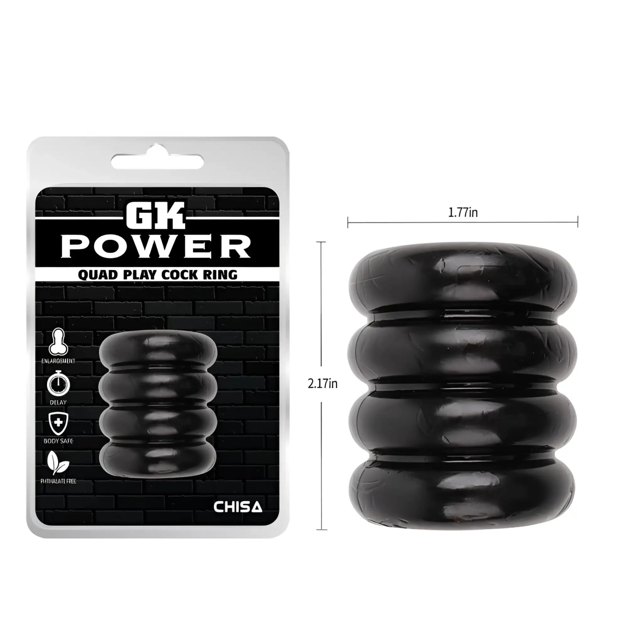 Black gk power quadplay cock ring by chisa with segmented cylindrical design in smooth glossy silicone material one size