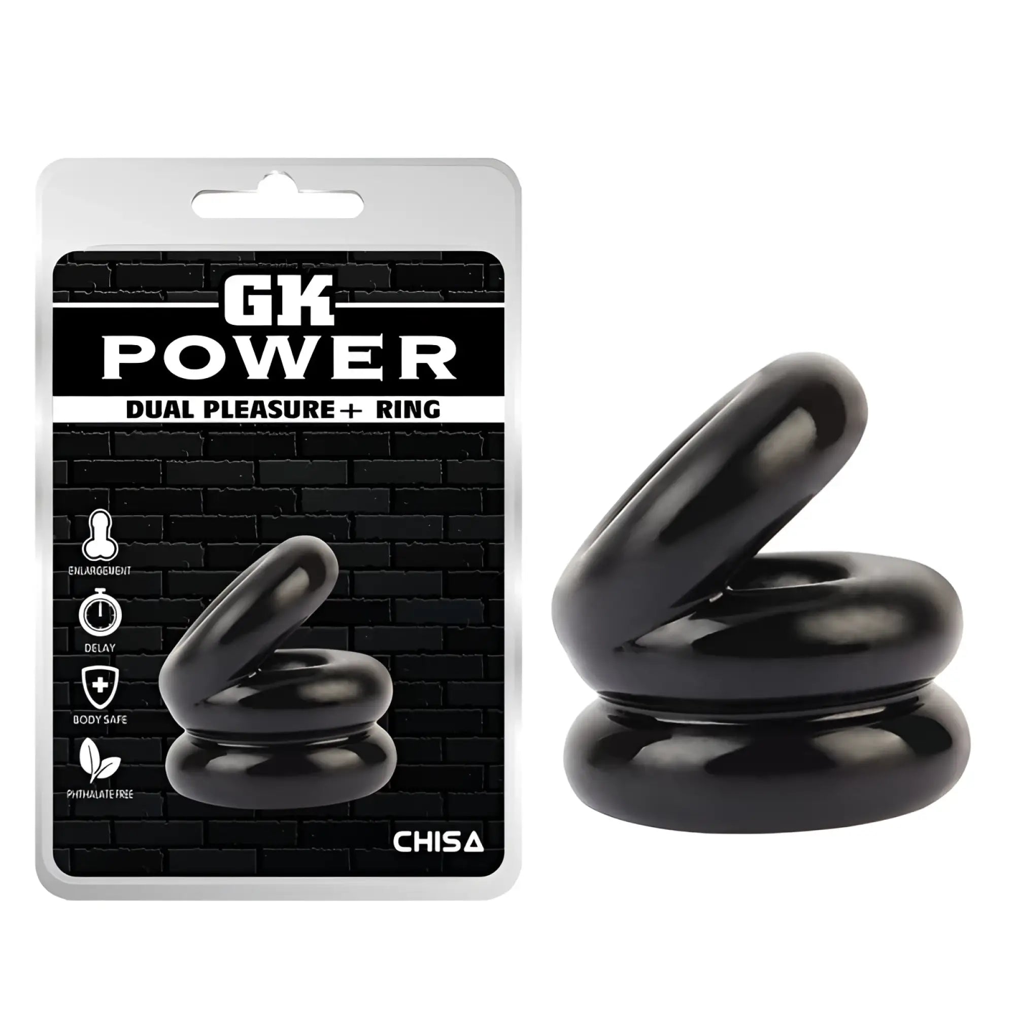 Black glossy gk power stacked dual pleasure ring by chisa designed for enhanced sensation and comfort one size