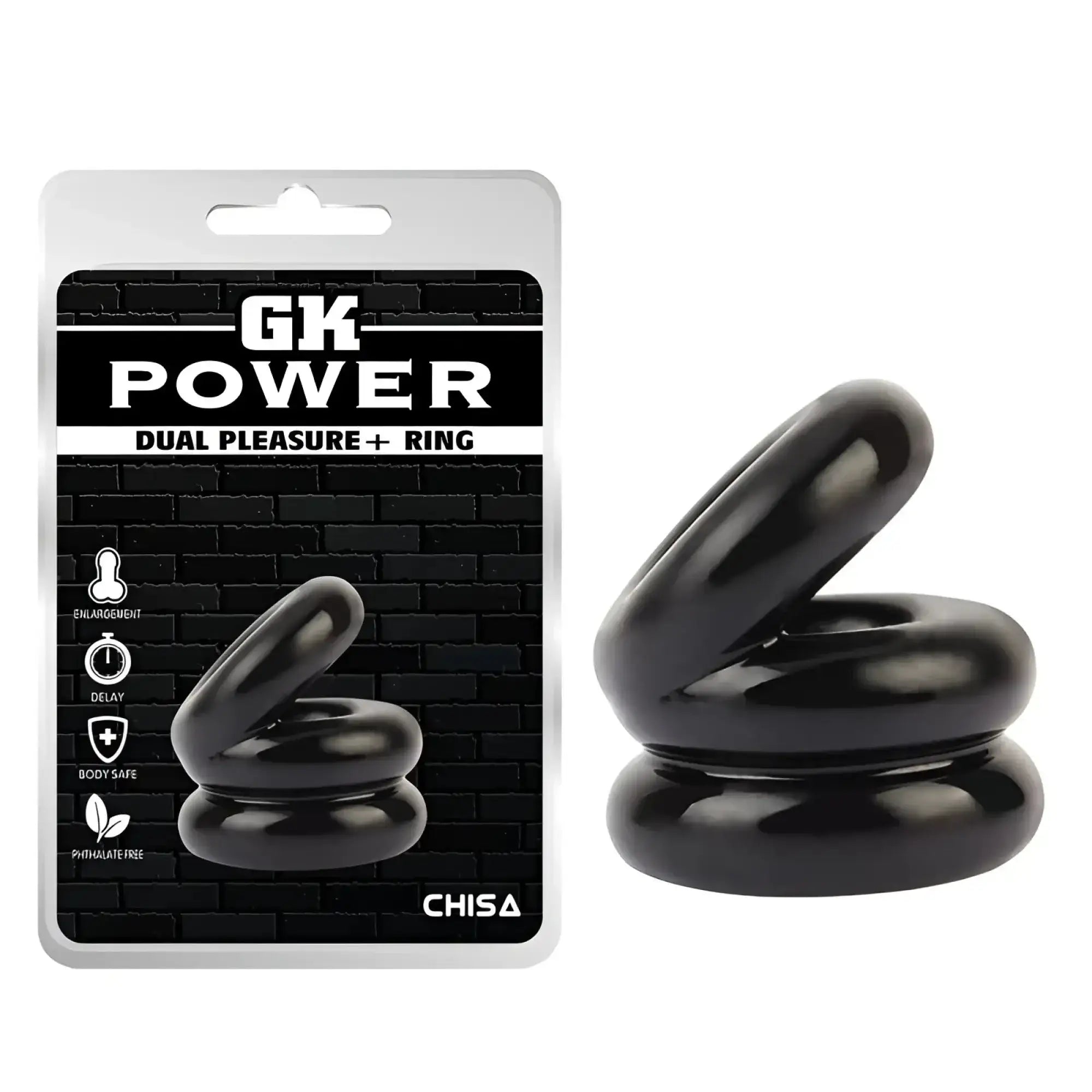 Black glossy gk power stacked dual pleasure ring by chisa designed for enhanced sensation and comfort one size